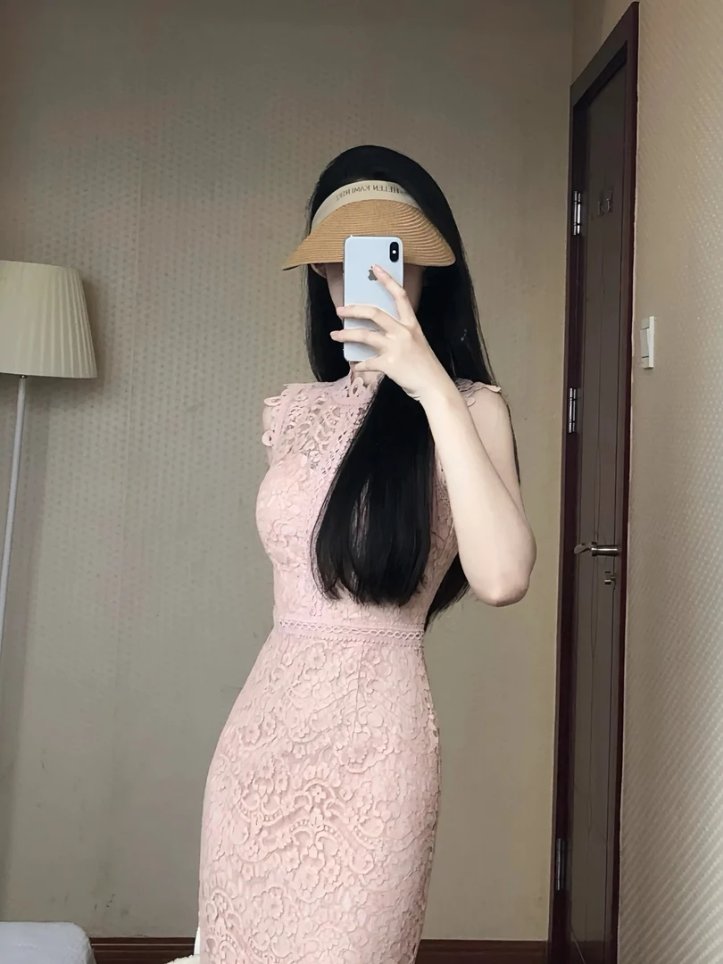 【运补4至9米】柔雅浅粉无袖修身显瘦轻熟风温婉淑女蕾丝裙连衣裙