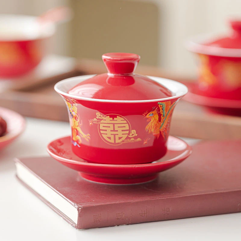 女方男方备婚婚庆陶瓷茶具结婚茶杯中式喜碗托盘家用喜庆婚用