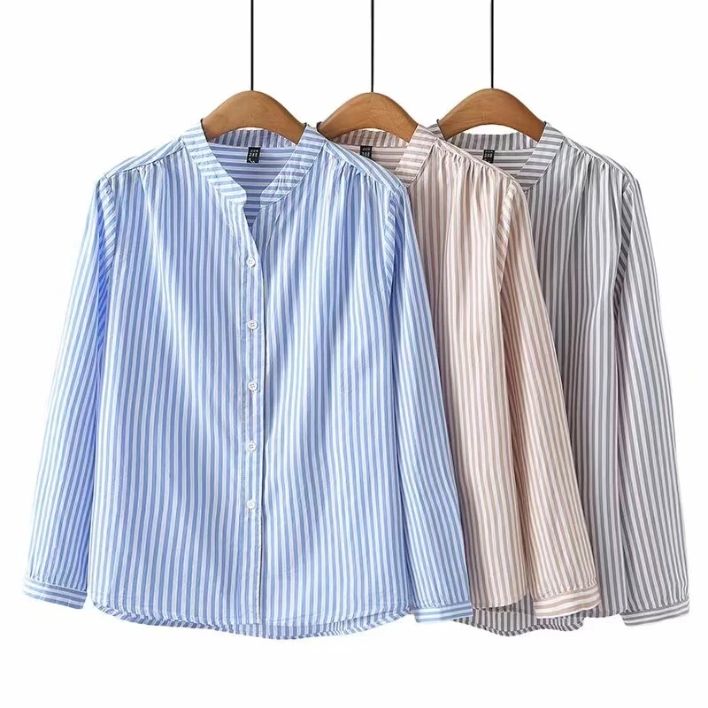 春装新款宽松遮肚显瘦洋气条纹立领衬衣长袖衬衫长袖衬衫女广场舞