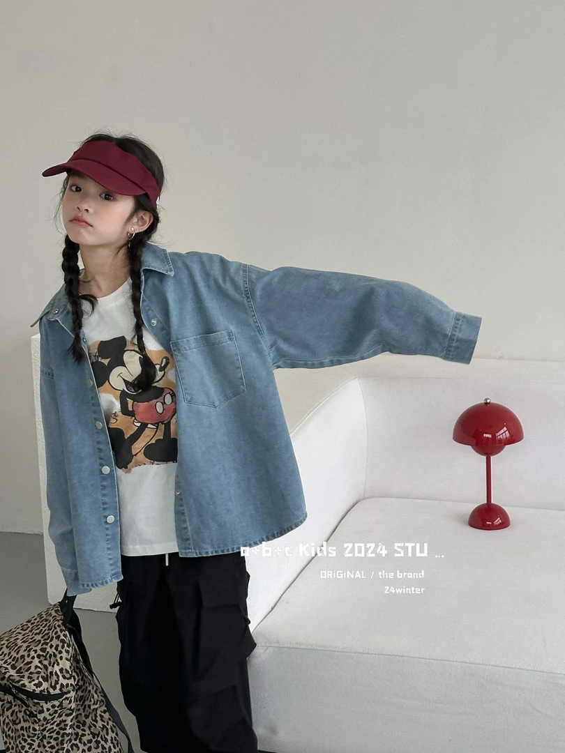 女童长袖牛仔衬衫经典百搭中大童春秋季新款衬衣卡通印花牛仔衣