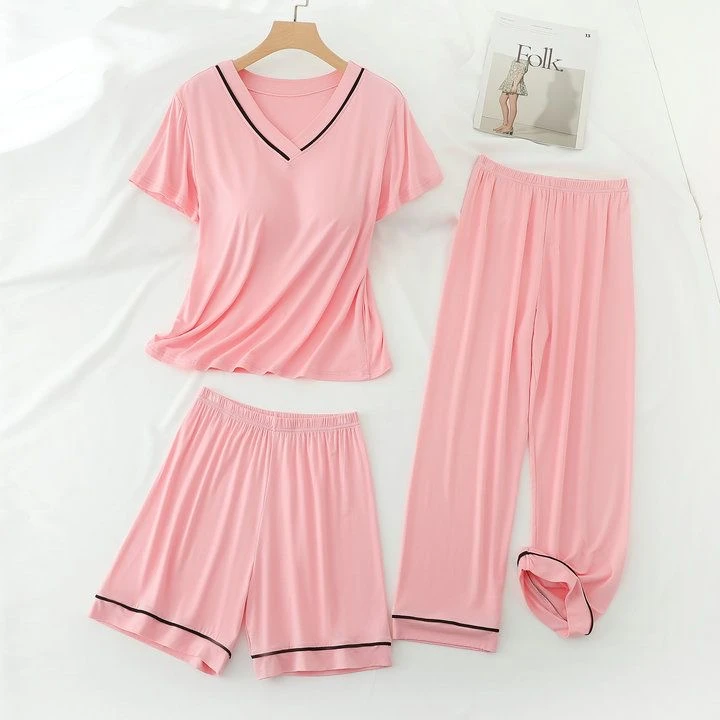 莫代尔带胸垫睡衣女夏冰丝v领套装宽松薄款外穿家居服