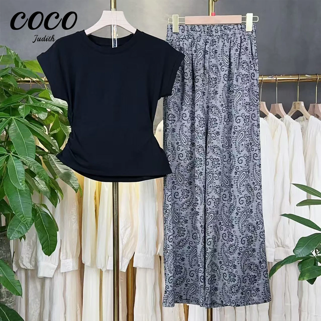 【RG6781】黑色正肩收腰显瘦小T恤女夏季简约小衫花雪纺裤休闲套装