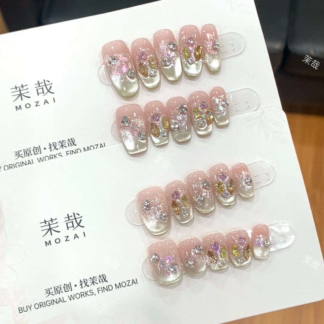 茉哉现货【粉漾鎏金】纯手工定制美甲拆卸穿戴甲A3969