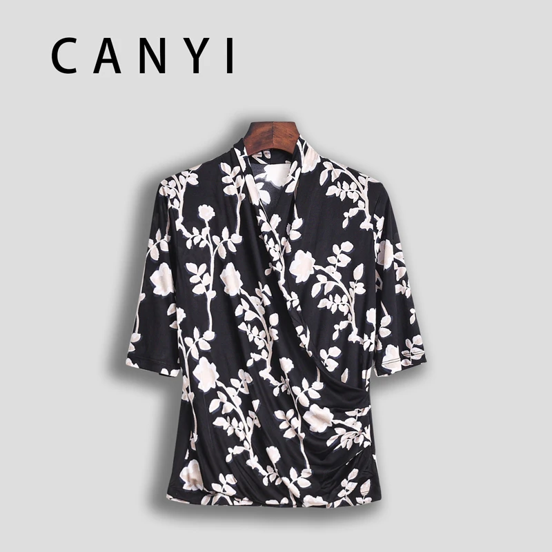 【璨衣】100%桑蚕丝 优雅文艺风 印花半袖交叉领桑蚕丝上衣NJE01