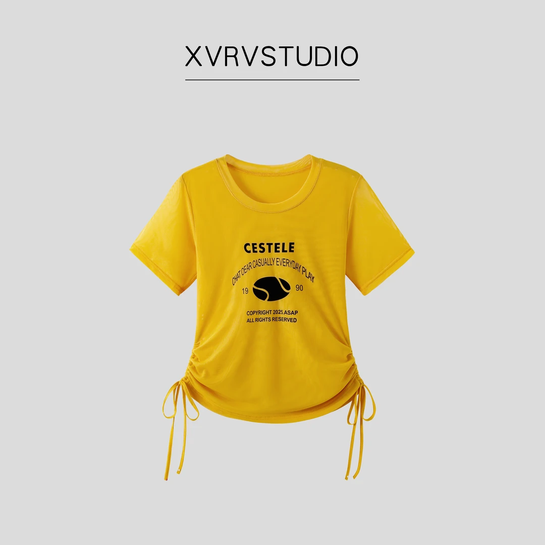 XVRV【夏上新】抽绳款网纱运动短袖健身跳操户外百搭显瘦T恤上衣