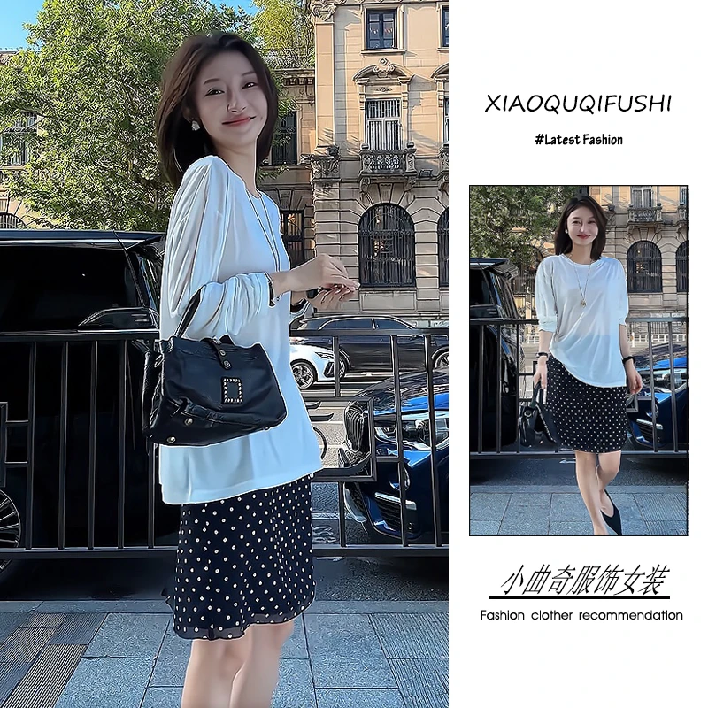 夏季2025新款一整套女装韩系慵懒风宽松防晒T恤波点半身裙两件套