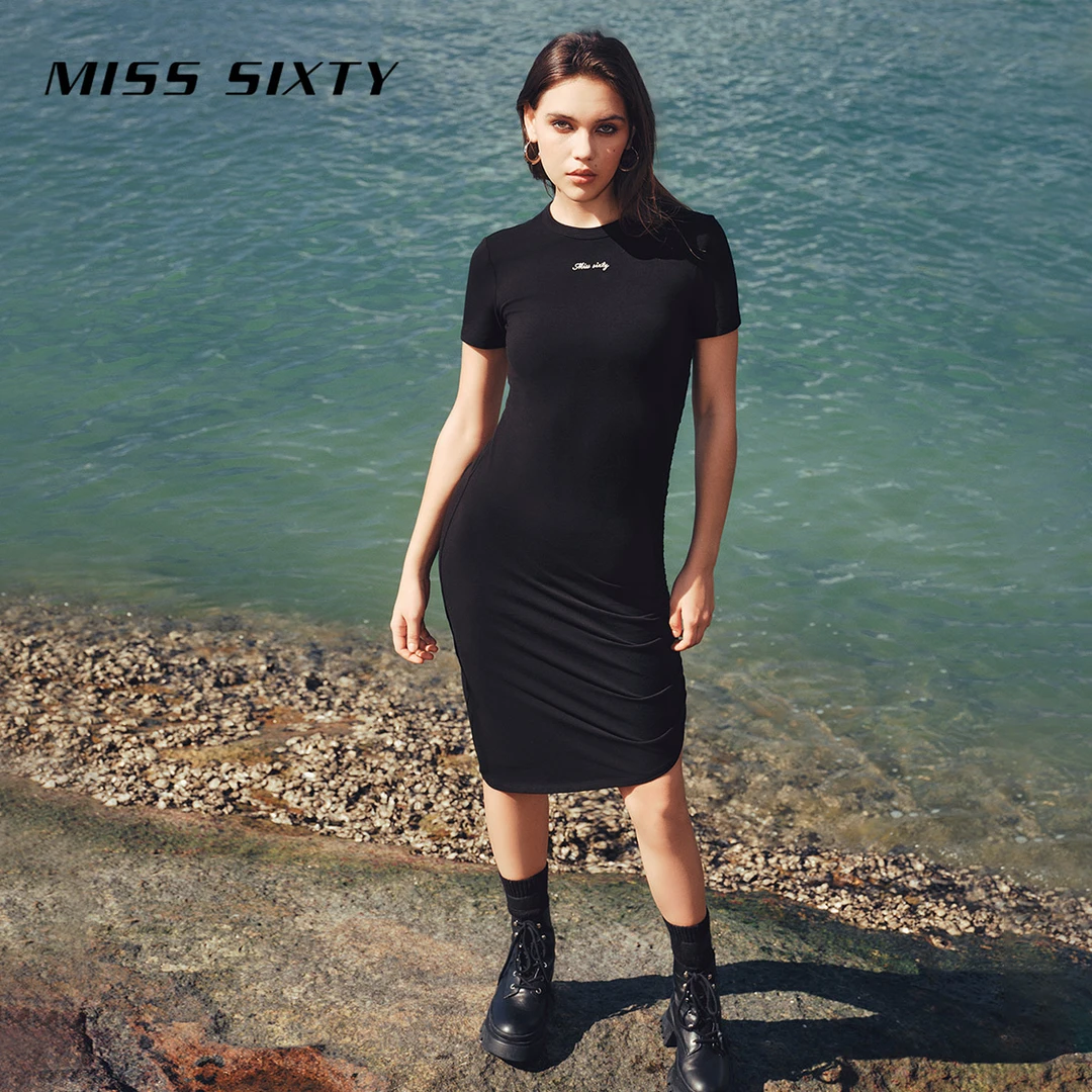 【贤哥专享】Miss Sixty春季新款连衣裙女圆领短袖抽褶设计感不规则