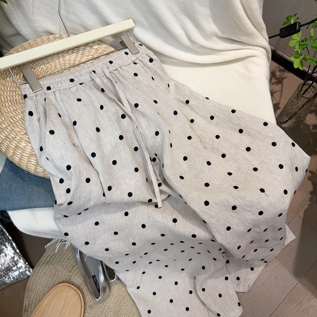 阔腿裤波点高腰夏季刺绣休闲裤时尚圆点灯笼裤碎花休闲宽松