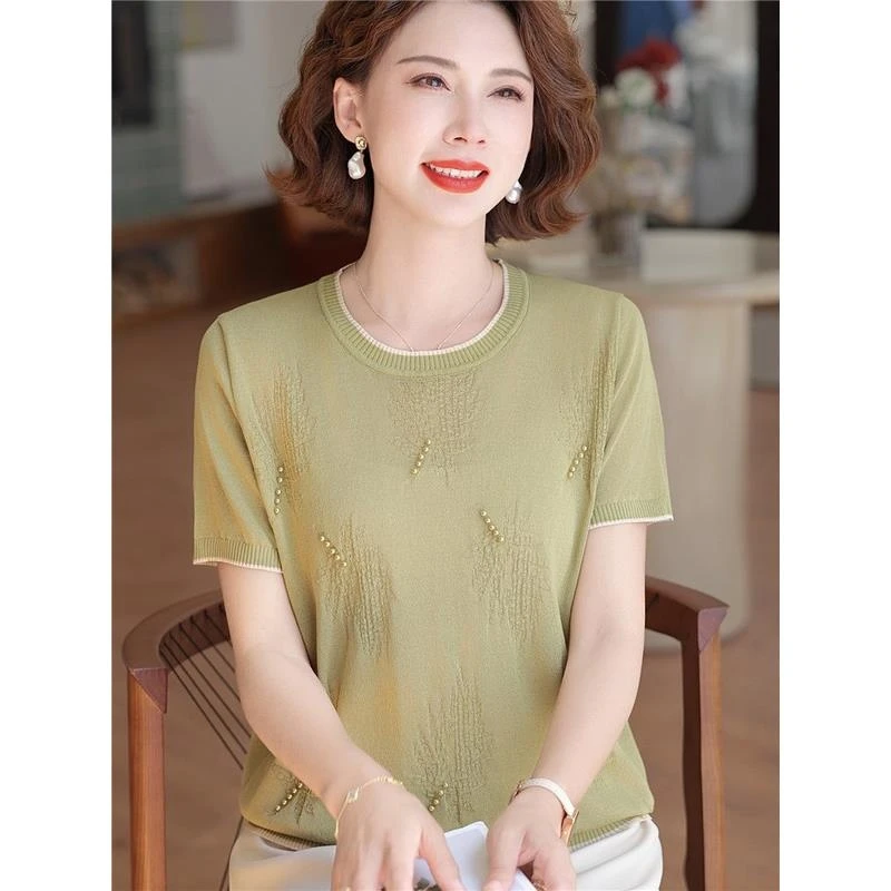 时尚妈妈夏装冰丝小衫短袖T恤衫中老年人女夏季薄款圆领遮肚上衣