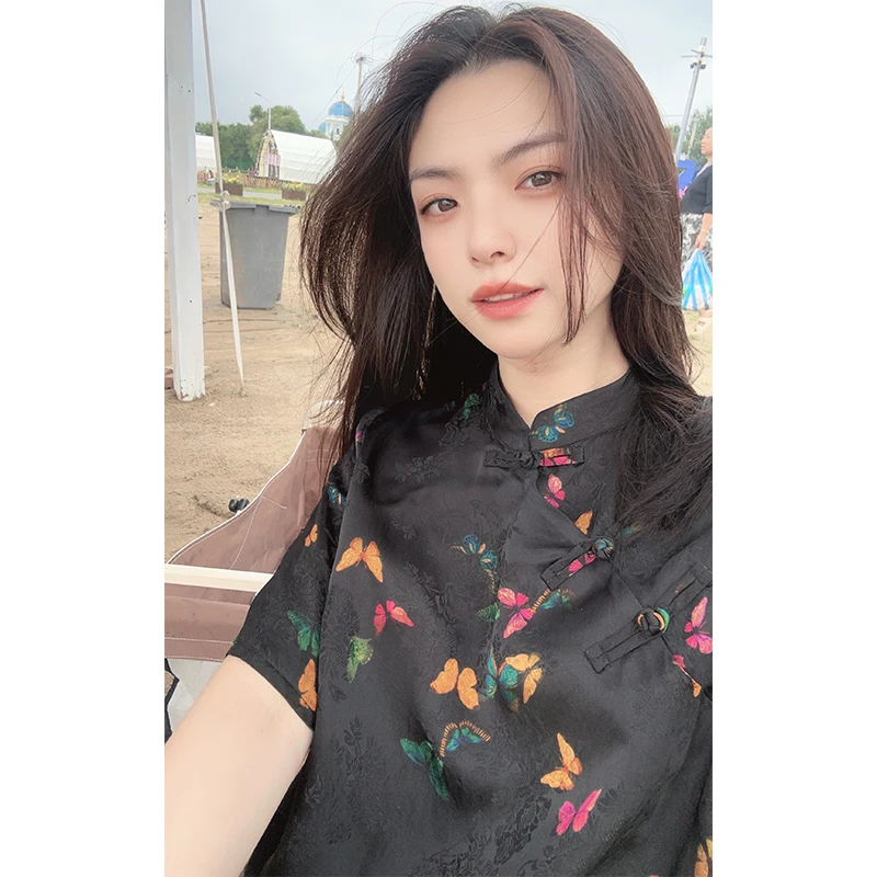 美美国风2025款复古立领暗纹蝴蝶提花斜襟盘扣短袖小衫上衣6666