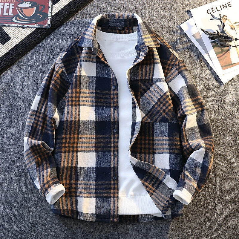 青少年格子春秋韩版方领抗皱衬衫学生休闲帅气加绒格子衬衫CM11