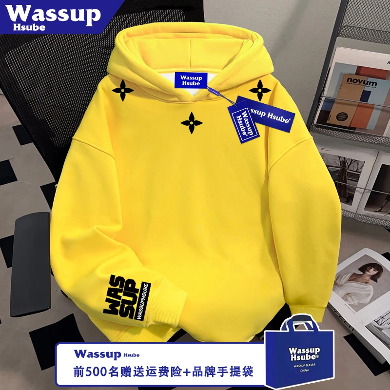 WASSUP HSUBE街头黄色连帽套头秋冬季卫衣星星字母印花男女上衣