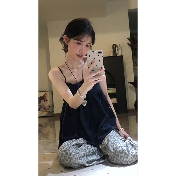 法式黑色吊带背心女夏季2025新款无袖外穿宽松百搭上衣+裤子套装