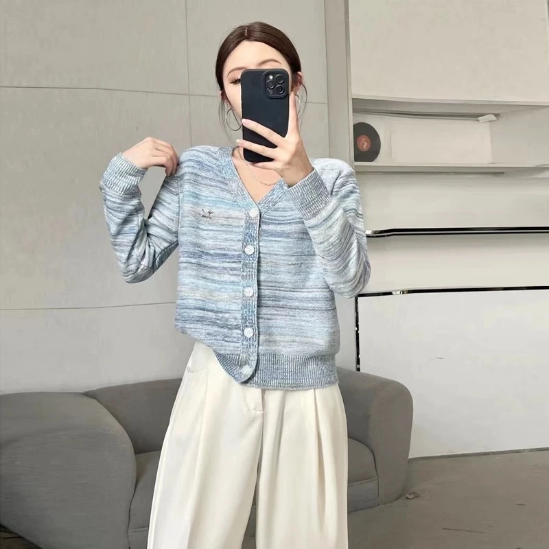【晨浠定制】新款时尚百搭条纹针织开衫三色8339