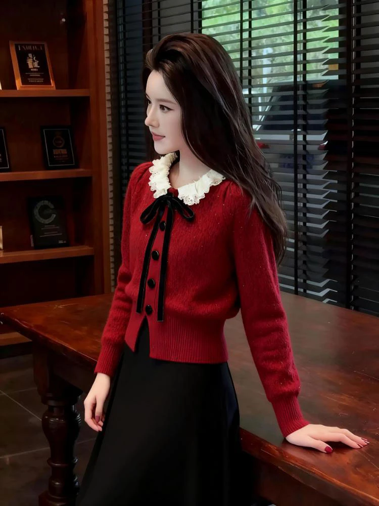 2025秋冬新款红色小香风蝴蝶结毛衣女超百搭减龄慵懒松弛感毛线衣