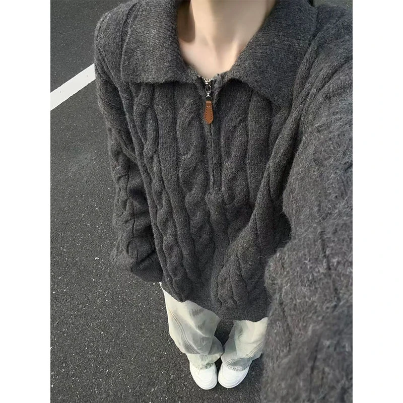 美式复古麻花毛衣男秋冬季设计感半拉链polo领针织衫日系复古外套