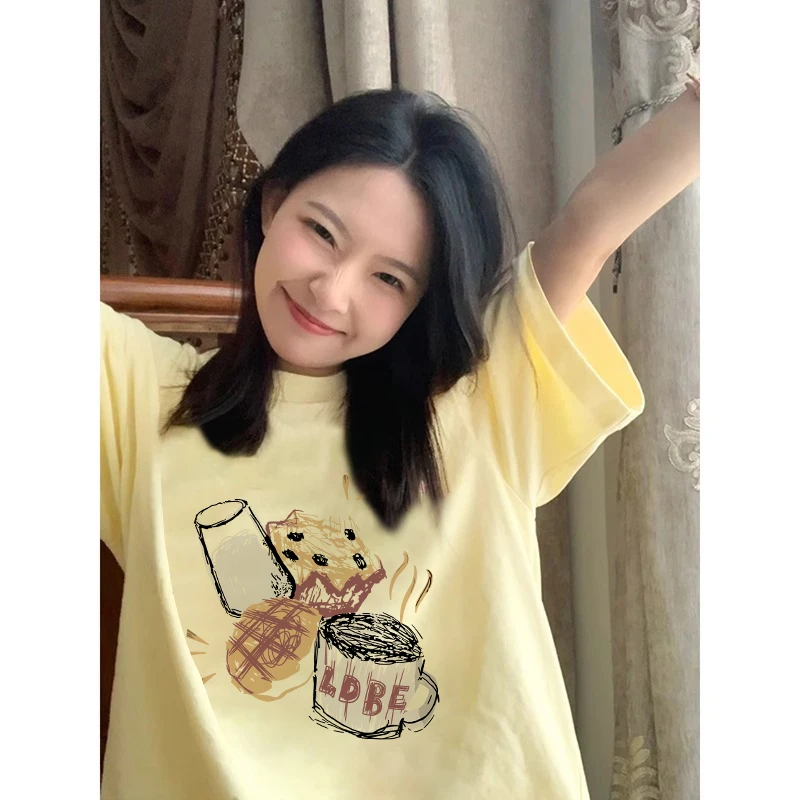 【帝韵】韩系纯棉短袖T恤女黄色百搭宽松情侣夏季小众学生半袖上衣