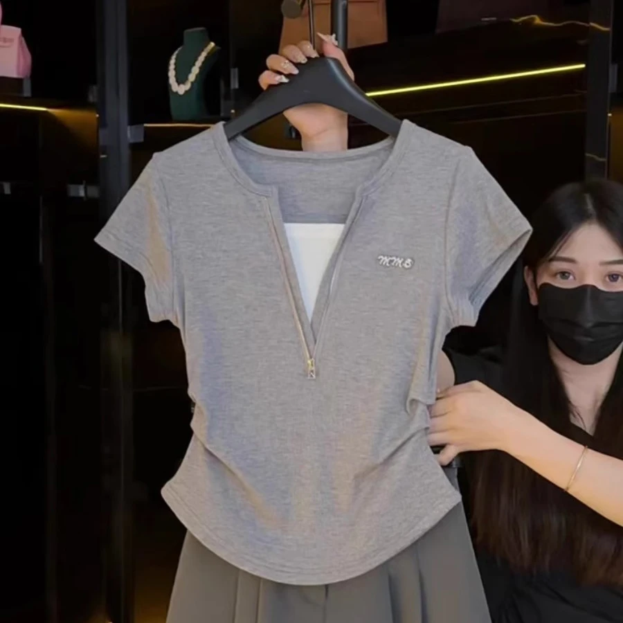 假两件短袖T恤女2025新款褶皱拉链V领拼接夏季收腰气质显瘦女上衣