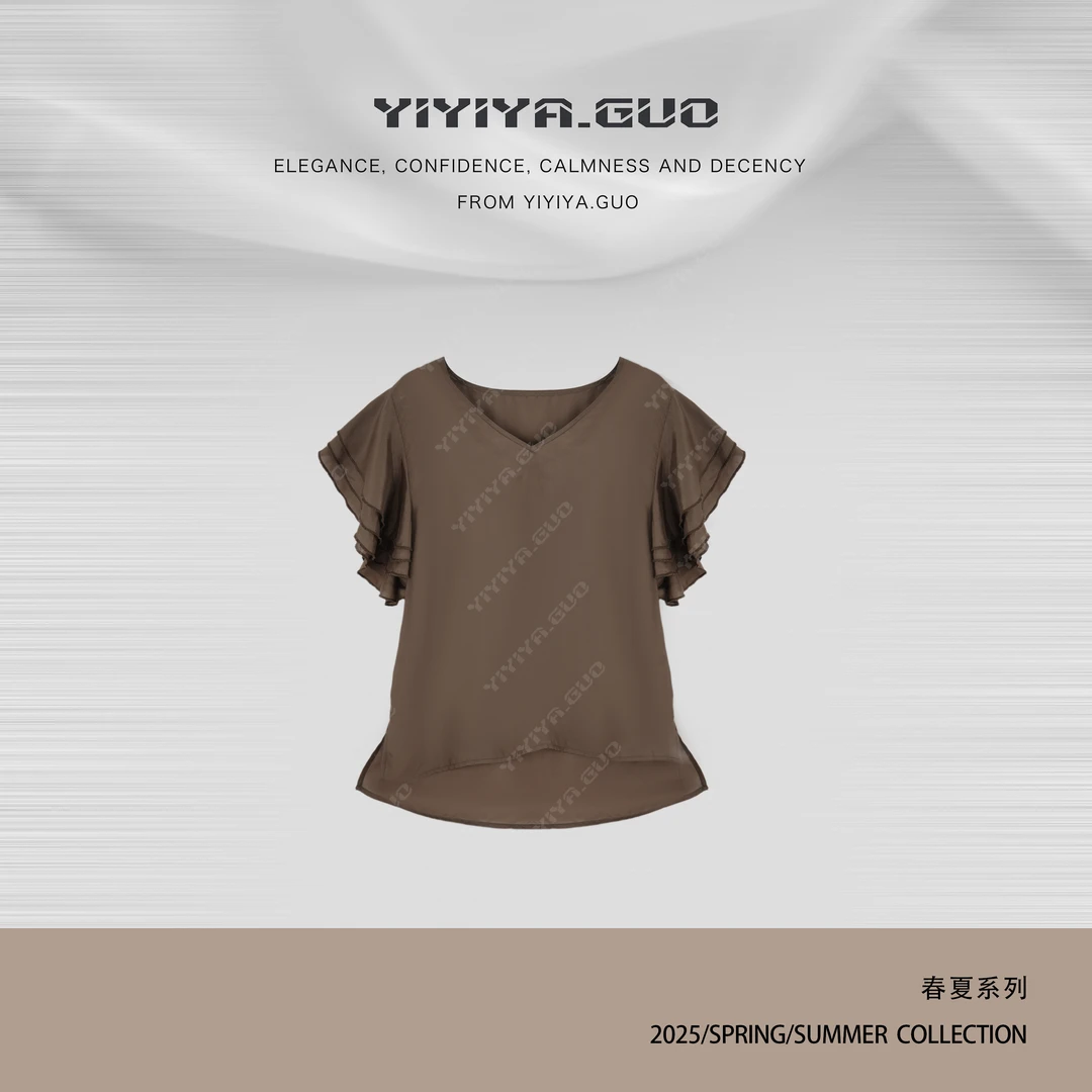 yiyiya.Guo艺艺吖【纯色糖果】休闲时尚V领荷叶袖短袖上衣1258SS52