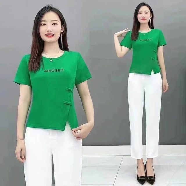 新中式不规则短袖t恤女2025夏季妈妈装新款洋气百搭短款修身上衣