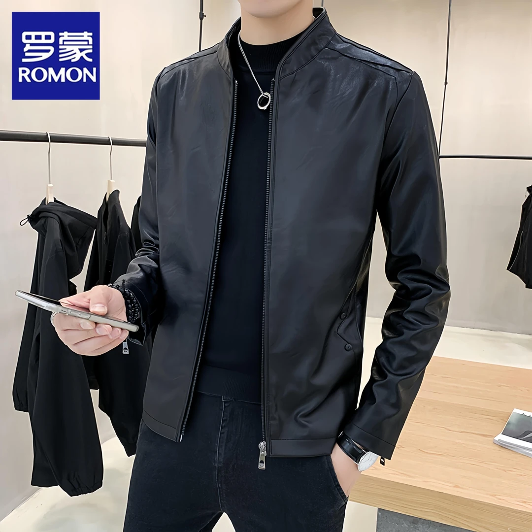 Romon/罗蒙潮流秋冬季新款夹克修身韩版帅气百搭男士外套皮衣休闲