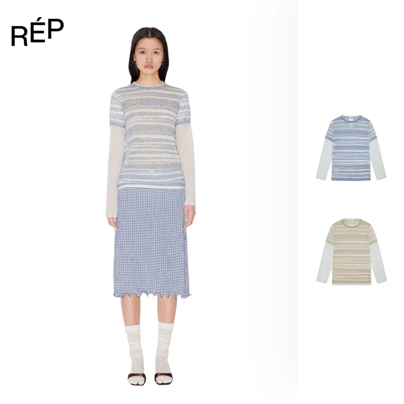 REP-IMMI设计师品牌藏青/驼色麻感针织假两件长袖上衣 25SS新款