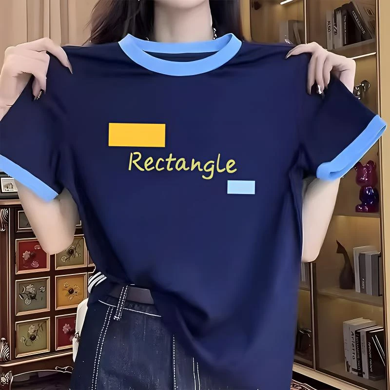 纯棉撞色减龄气质正肩短袖t恤女爆款2025新款洋气时尚百搭上衣服