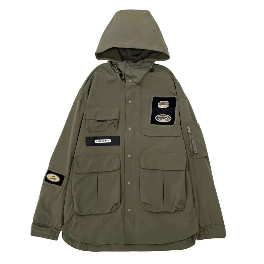 2024秋季美式潮流贴布魔术贴宽松流行连帽工装冲锋衣61056