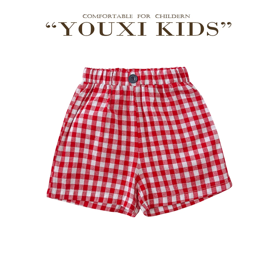 现飞飞家· 果汁气泡25新款夏季女童格子夏水果贴布棉麻短裤FF2762