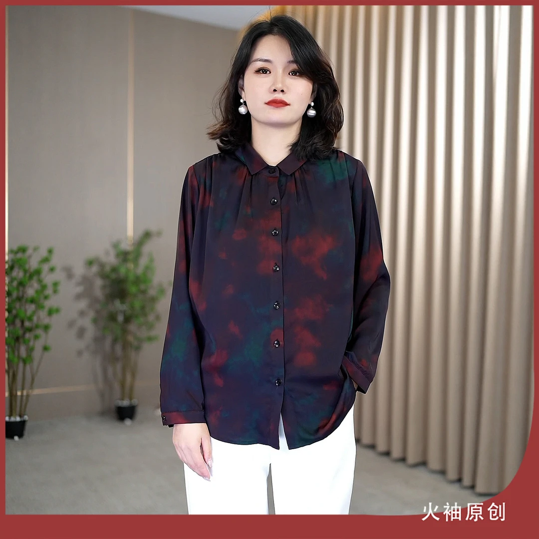 火袖G1722中老年妈妈装娃娃领衬衣女早秋新款宽松显瘦单排扣小衫