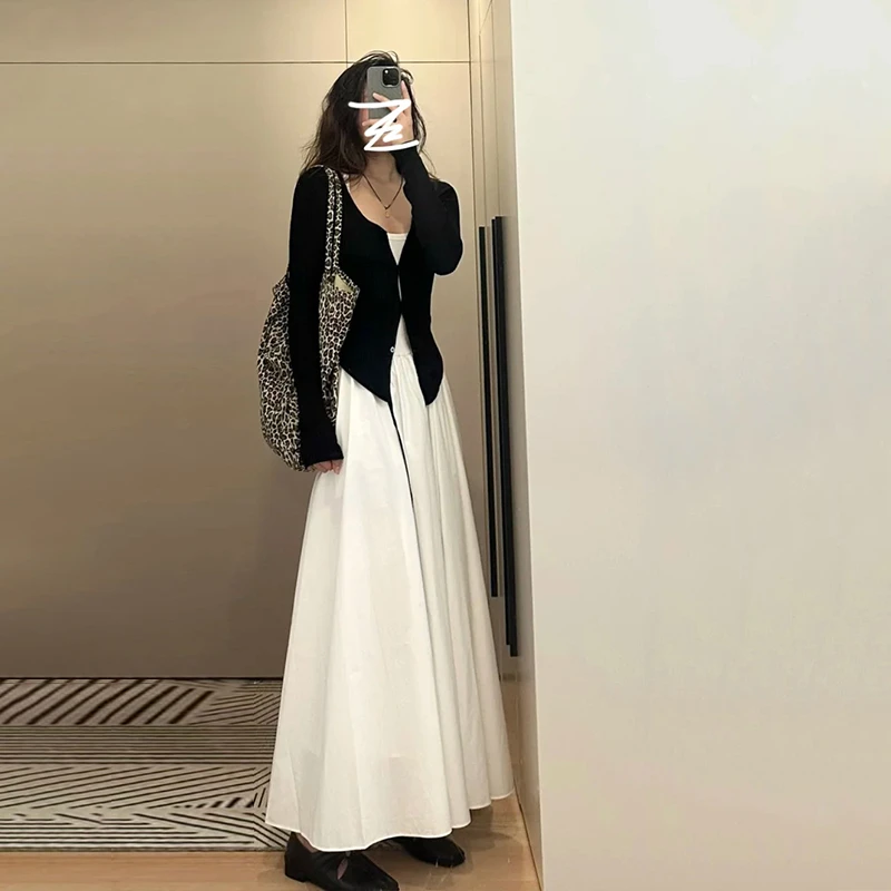 法式高级感白色吊带连衣裙子女早秋季2025新款小个子韩系穿搭套装
