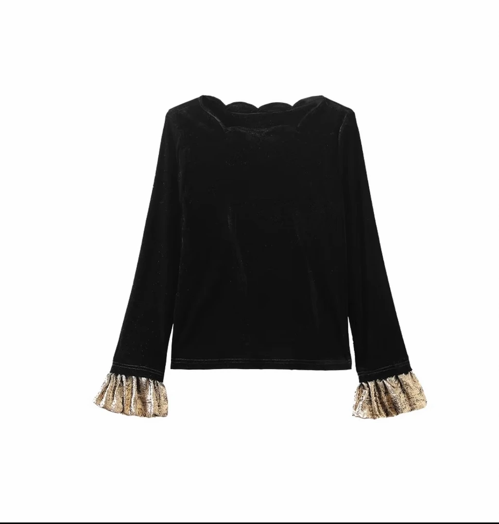 轻奢设计【富家千金】轻国风金丝绒花瓣领气质喇叭袖上衣9164#