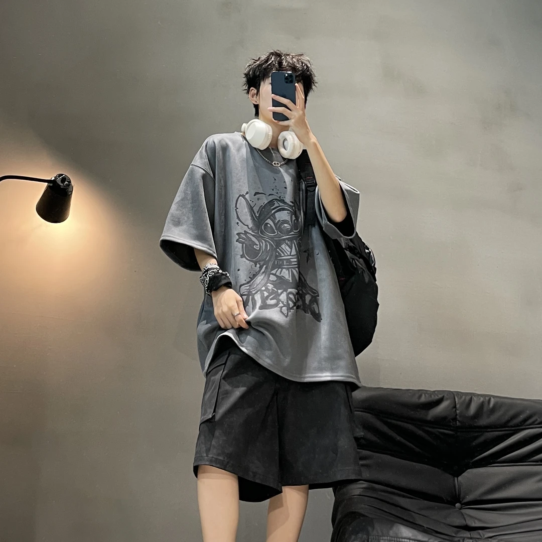 夏季街头美式宽松短袖T恤卡通印花男休闲嘻哈潮流情侣装复古半袖