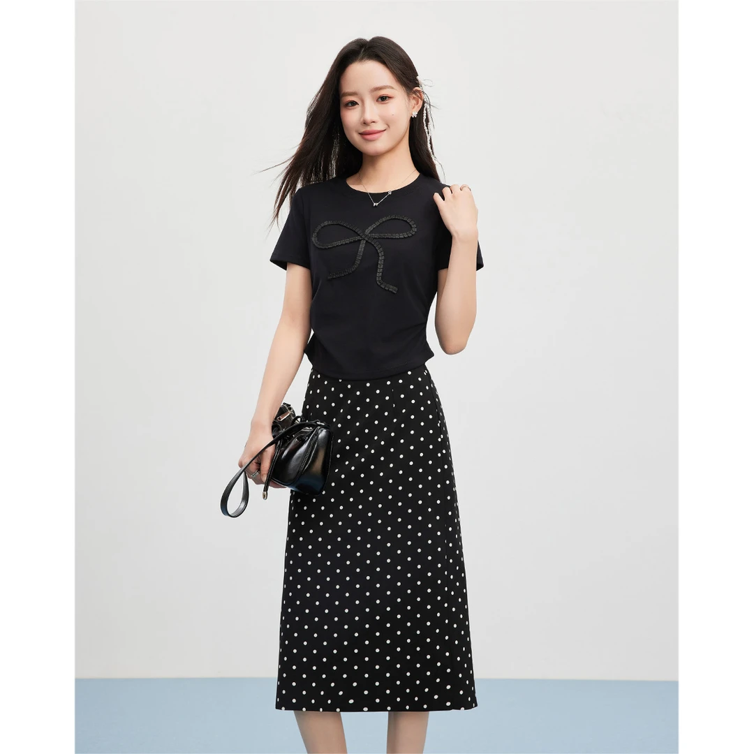 IEF/爱依服夏季新款设计感T恤上衣高腰波点半身裙洋气休闲套装女