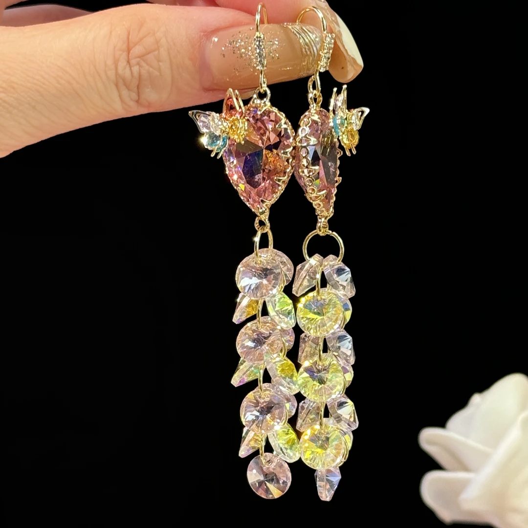 铜合金耳饰 依芸】长款彩色锆石蝴蝶水滴流苏耳环个性时尚气质耳钩