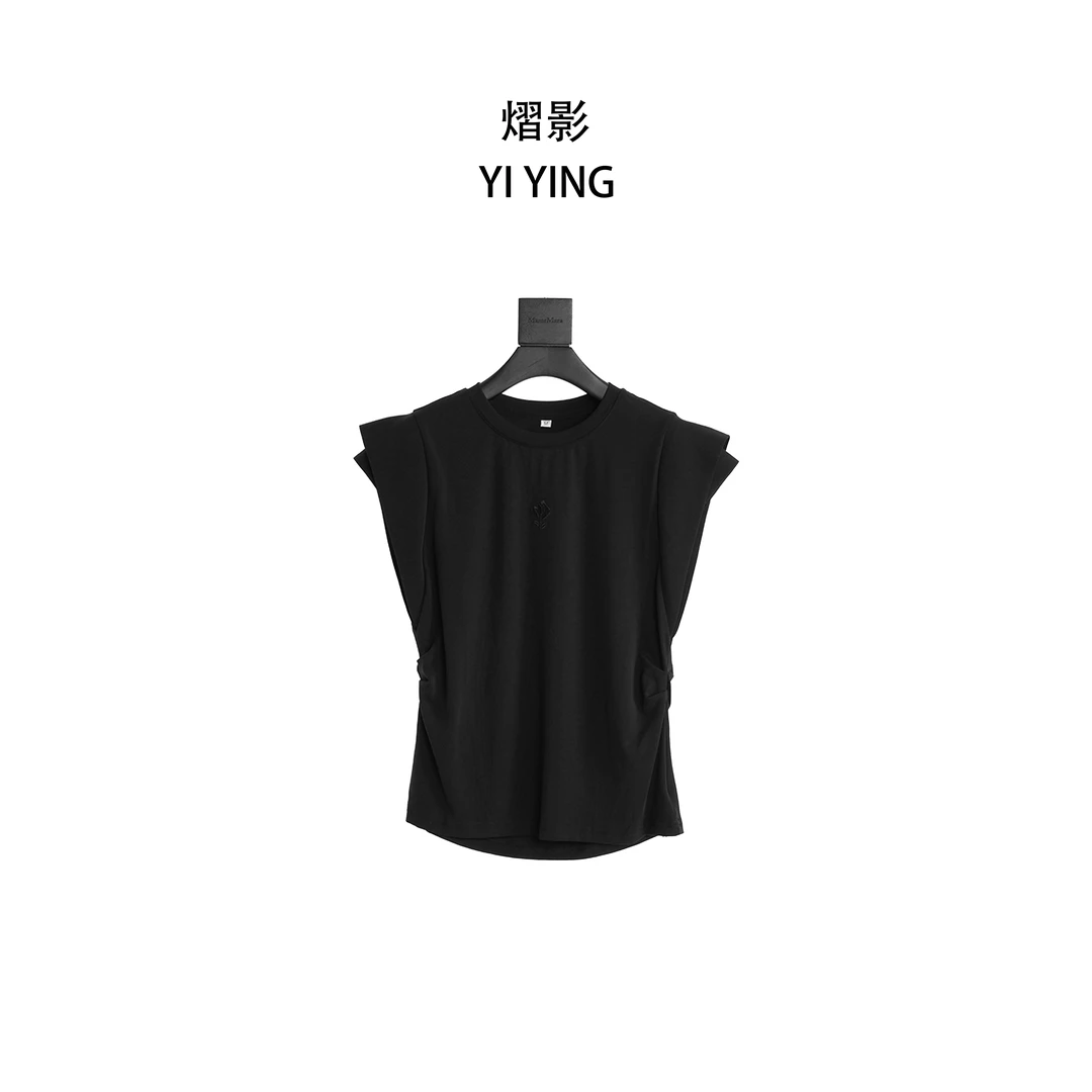YIYING欧式小飞袖T恤无袖女士圆领黑色洋气女孩