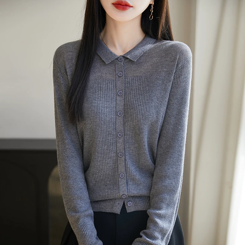 可机洗~精纺羊毛气质小POLO领精致打底衫百搭长袖开上上衣外套