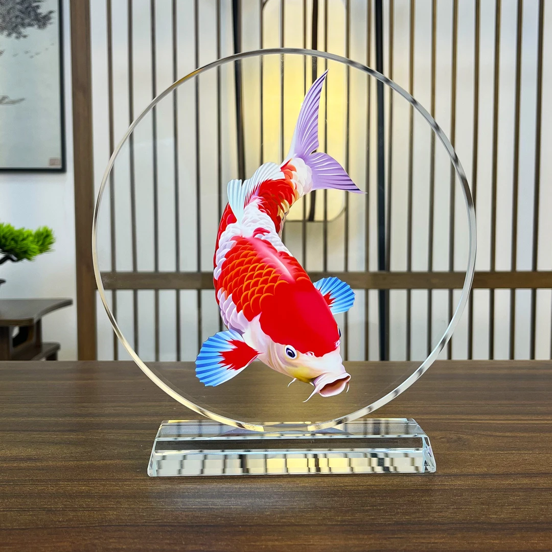 【好运锦鲤】圆形水晶摆件创意简约家居办公装饰品新房卧室摆设