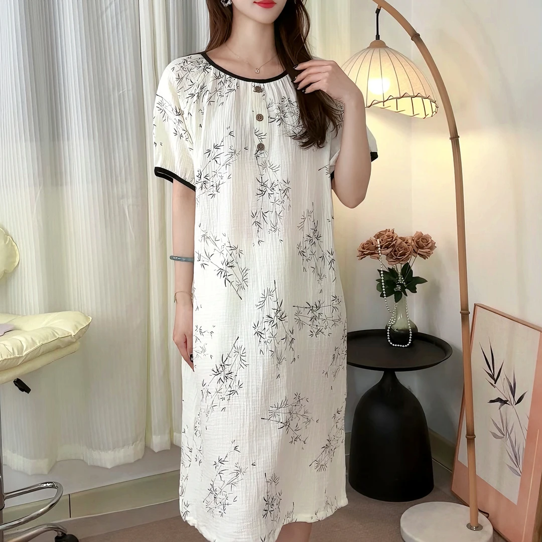 100%纯棉A类夏季棉纱睡裙女甜美少女半袖连衣裙全棉家居服新