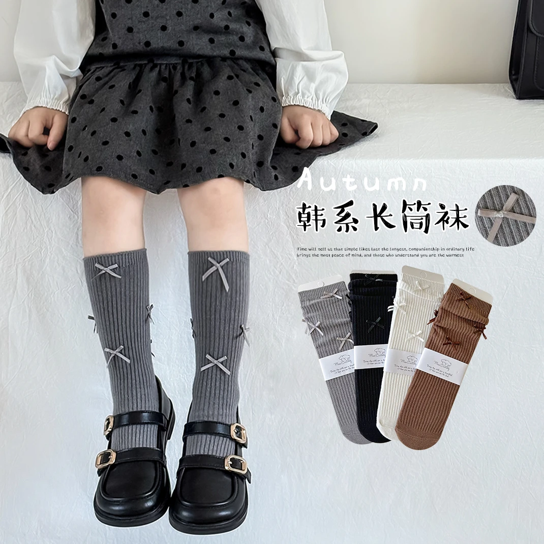 女童蝴蝶结袜子春秋款儿童中筒袜女宝宝秋季小腿袜韩系甜美公主袜
