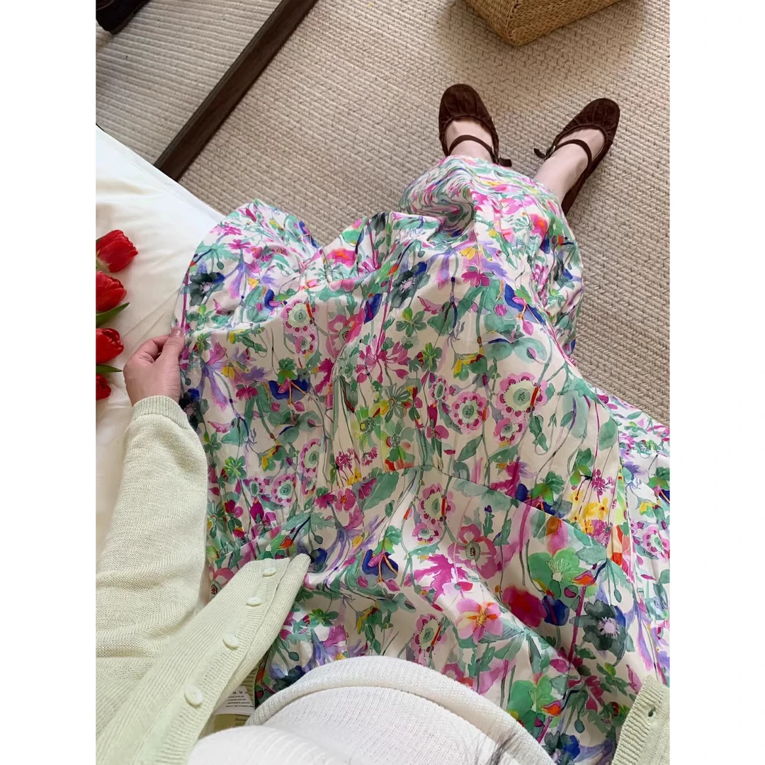 田园风法式复古碎花a字半身裙2025新款高腰显瘦百搭大摆中长裙女