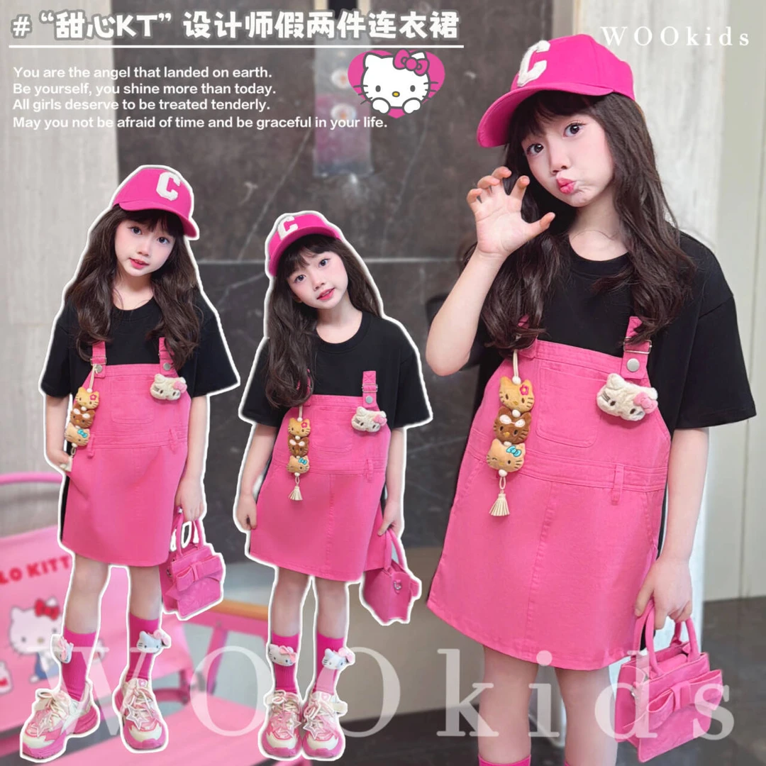 现货-WOOkids8【黑粉猫咪】亲子童装高定假两件背带裙 W25020604