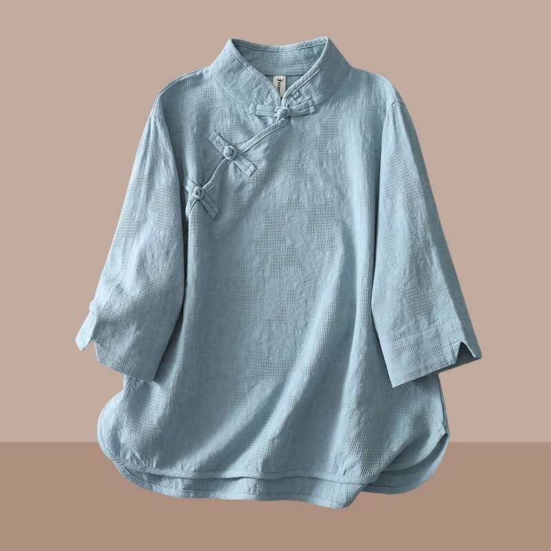 夏季时尚新款民国风亚麻上衣文艺茶服复古立领古风斜襟中式衬衫女