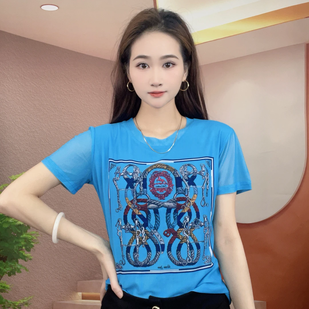 2025夏季新款时尚百搭显瘦气质肌肤纱短袖圆领T恤印花上衣A327