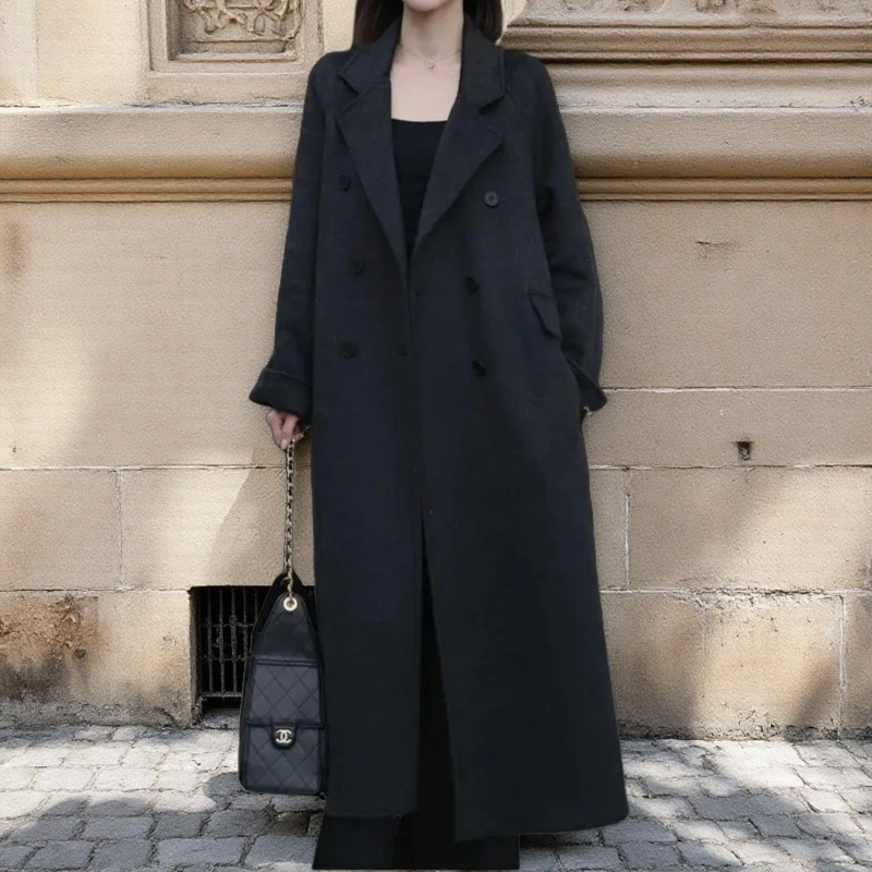 【六六】2025秋冬季新款黑灰色双面羊毛大衣女长款韩系宽松羊毛外套