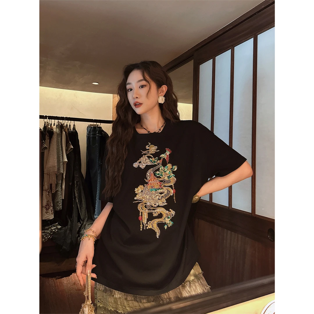 三吉黑花【满香亭】上衣女夏中式绣花短袖纯棉T亭台定位珠片绣花