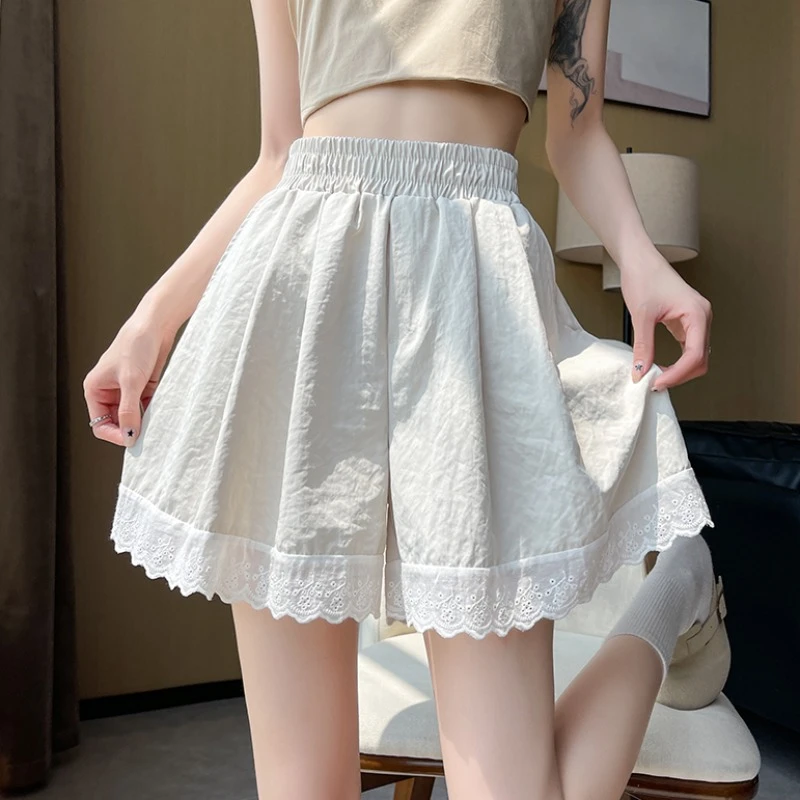 Ucool Rmode肌理感冰丝短裤女夏季设计感蕾丝拼接阔腿裤松紧腰