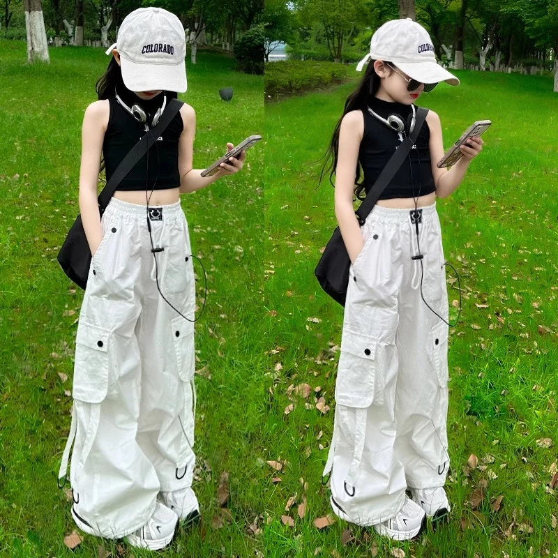 女童白色工装裤套装夏季薄款美式裤子高腰爵士舞休闲运动2025新款