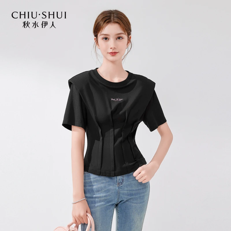【丽公主】秋水伊人设计感黑色T恤新款宽肩短袖上衣624202C200082