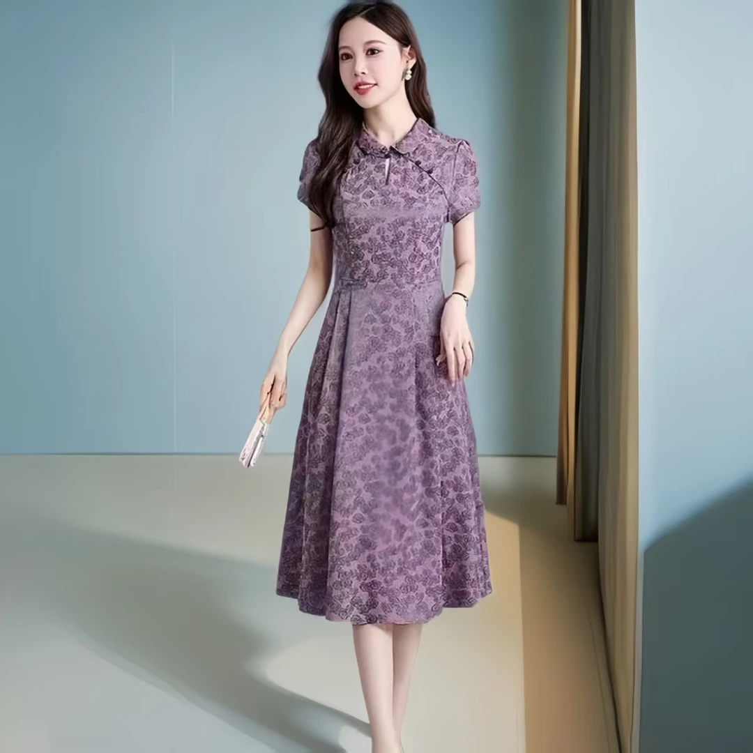 【F2308】夏季新款复古国风提花中式改良旗袍中长款连衣裙